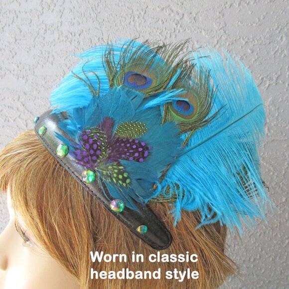 Deco inspired headband, 20s Flapper style, Peacock, blue, teal feathers on black - Picture 6 of 12